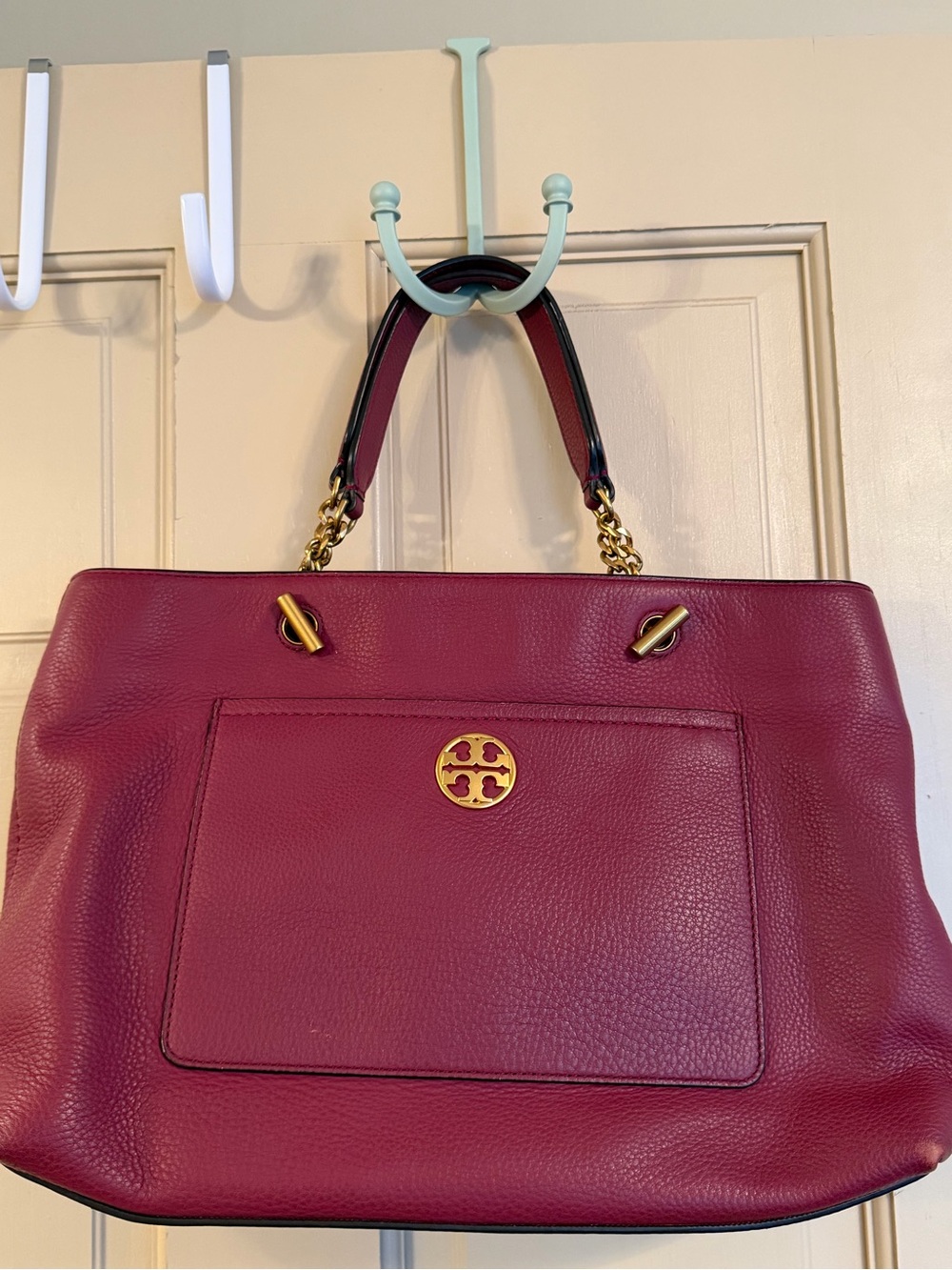 Tory Burch Raspberry Pebbled Leather Shoulder Tote with Gold Hardware